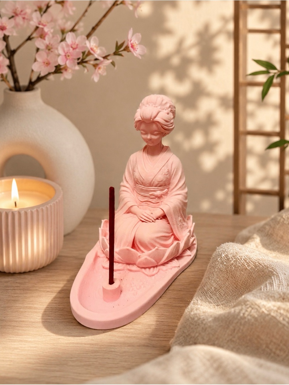 Pink Ceramic Geisha Incense Holder - Elegant Home Accent